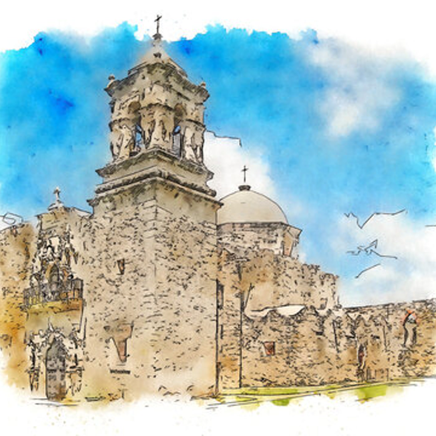 Mission San Jose watercolor scene for a probate disputes article