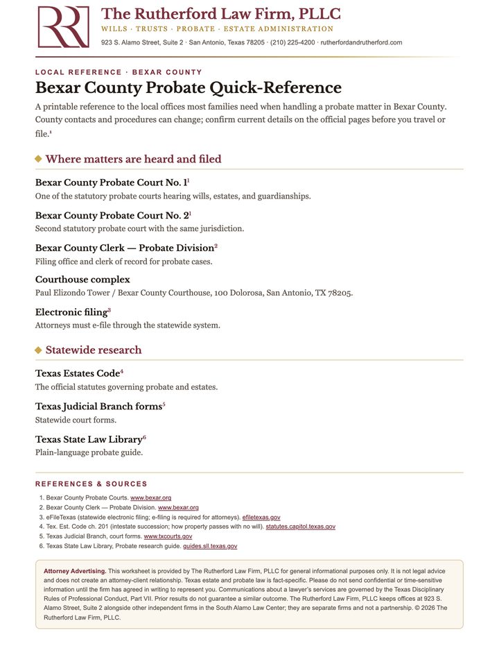 First page of the Bexar County Probate Quick-Reference worksheet