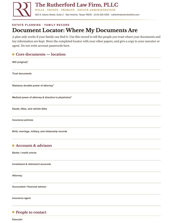 First page of the Document Locator: Where My Documents Are worksheet