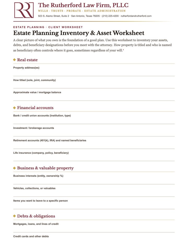 First page of the Estate Planning Inventory & Asset Worksheet worksheet