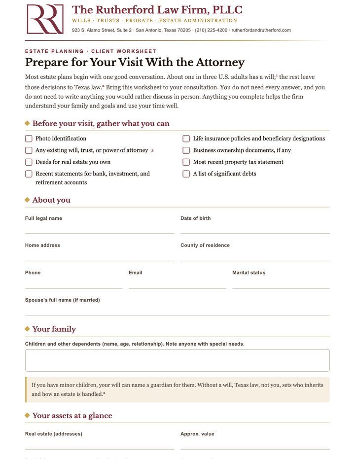 First page of the Prepare for Your Visit With the Attorney worksheet