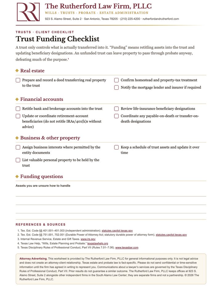 First page of the Trust Funding Checklist worksheet